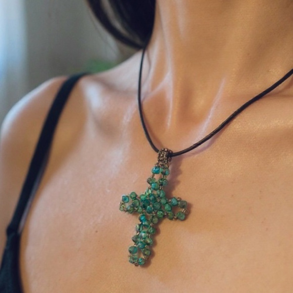 Hand-Beaded Turquoise Cross Pendant Necklace - Picture 3 of 4